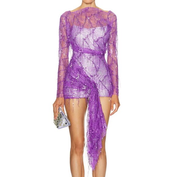 Christopher Esber Encassed Beaded Ivy Lace Long Sleeve Mini Dress Grape Sequin - Picture 1 of 5